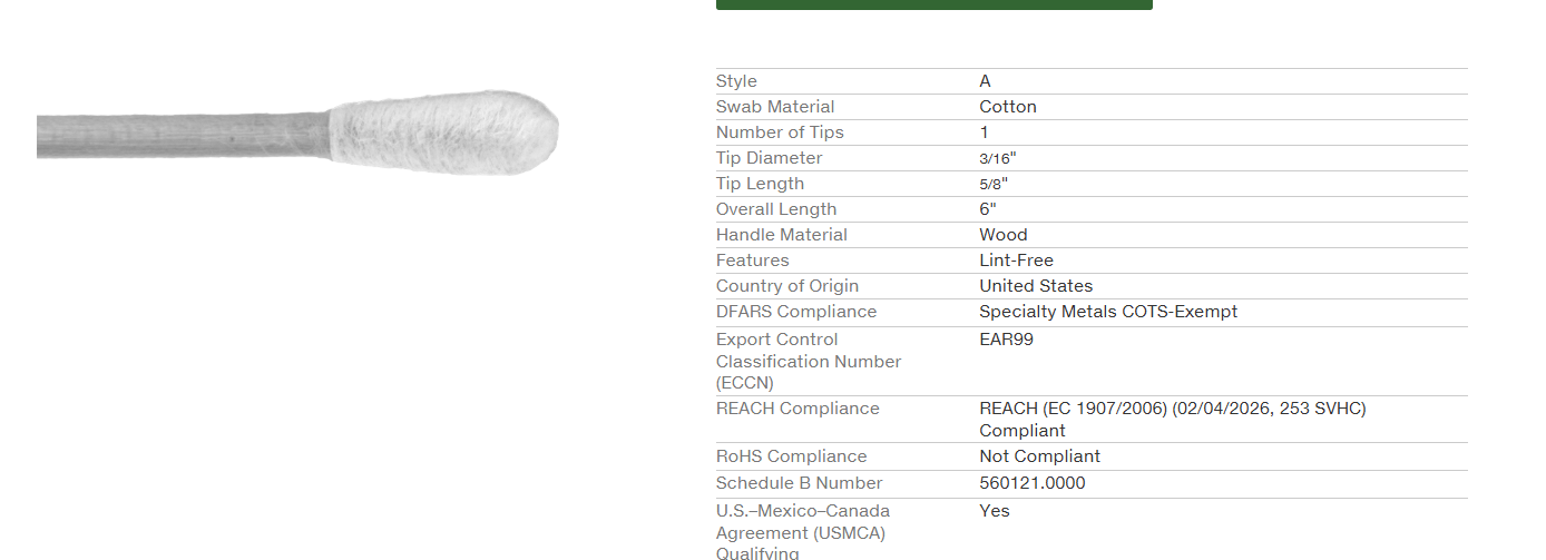 Swabs Cotton, 3/16" Diameter x 5/8" Length Tip, 6" Overall  CAJA CON 1000PZAS